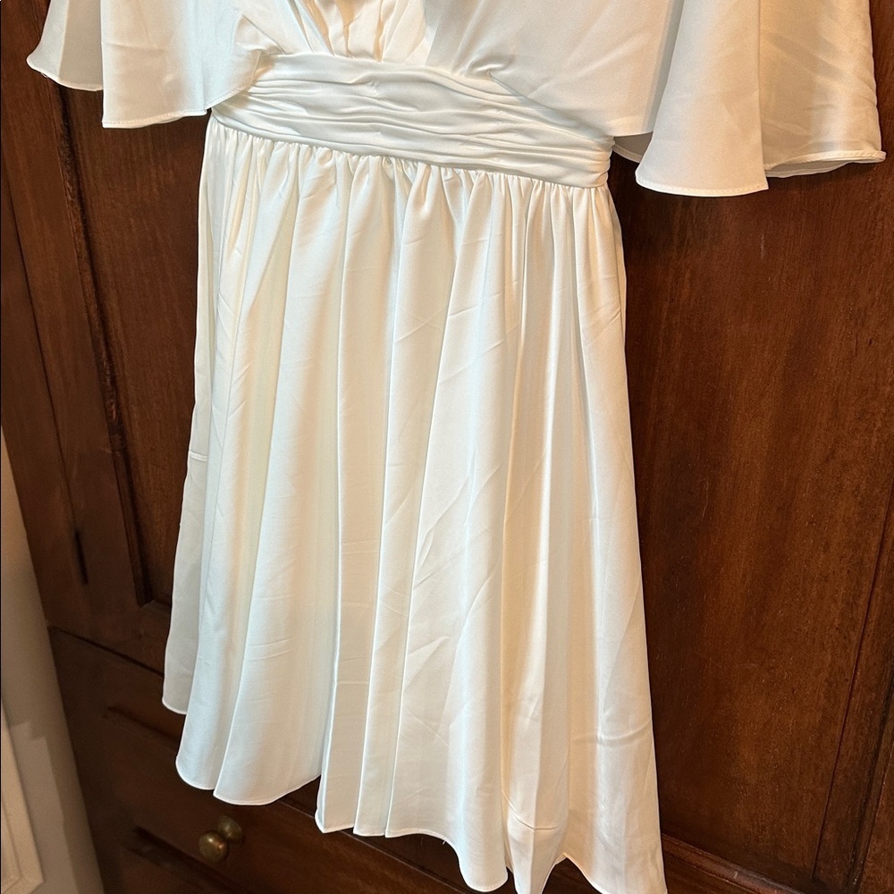 IEENA Mac Duggal, Satin Flowy Flutter Sleeve Mini Dress - Picture 7 of 11
